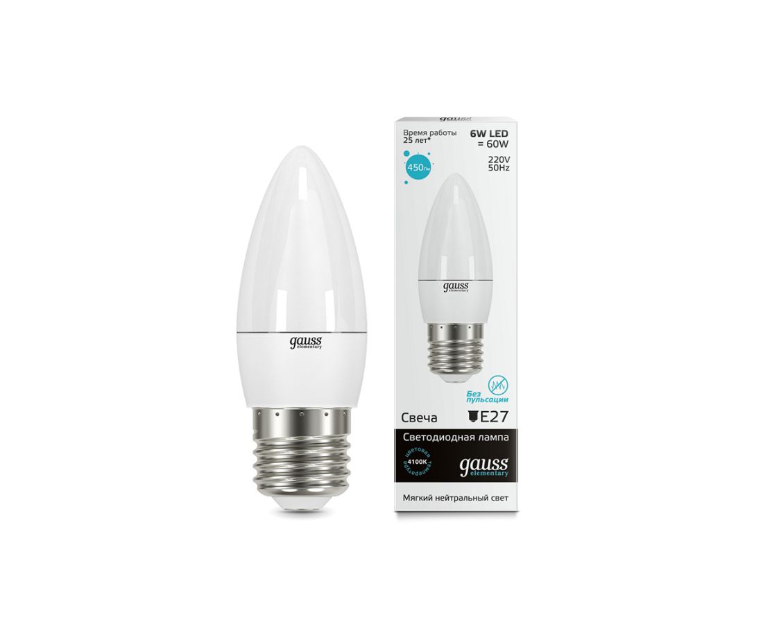 ლედ ნათურა Candle 6W E27 4100K gauss el - 33226 — ნათურა და ვაზნა